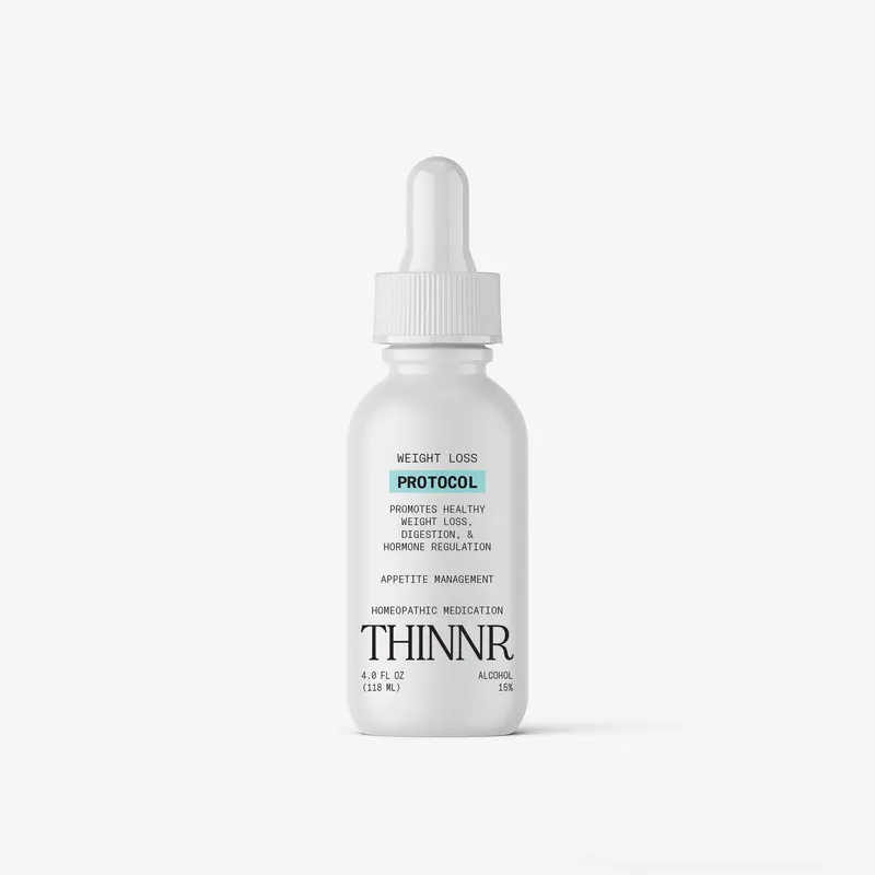 Frasco de THINNR Protocol, medicación homeopática para manejo de peso
